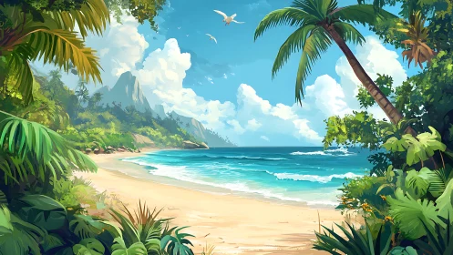 Tropical Coastal Landscape with Palm Trees and Mountain Formation.