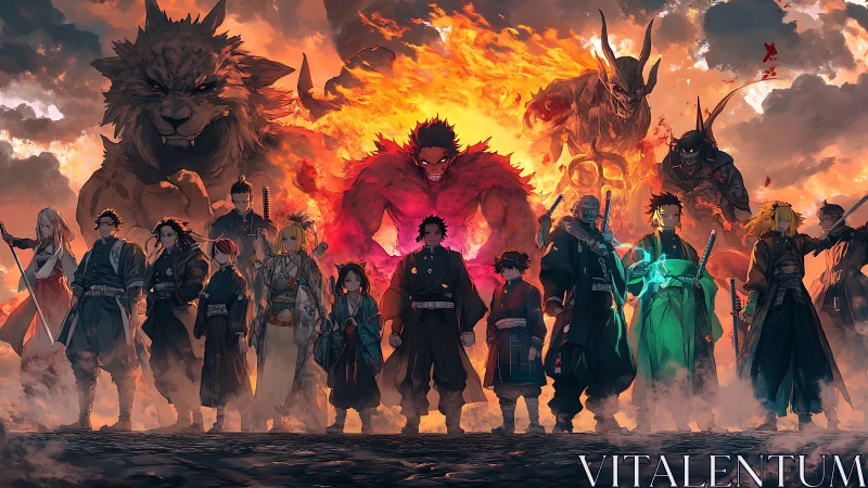 Epic anime ensemble with demonic guardians in blazing panorama.