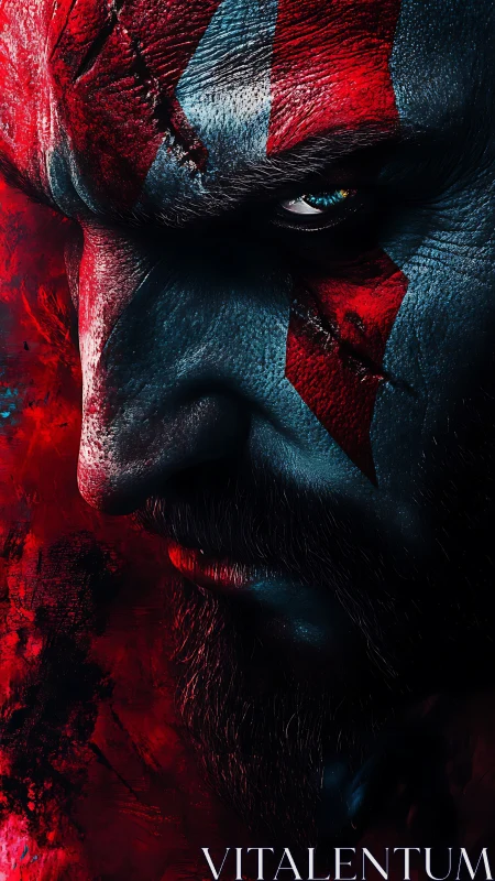 War-marked warrior gaze carved in scarlet shadowstorm.