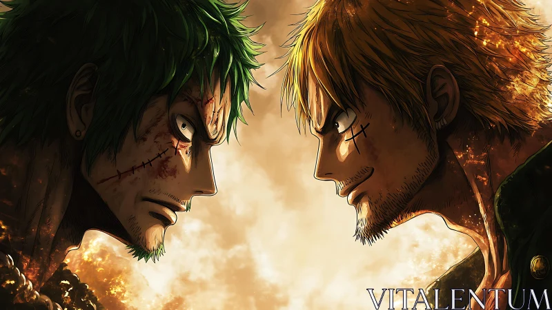 Rival swordsmen lock blazing stares amid molten light