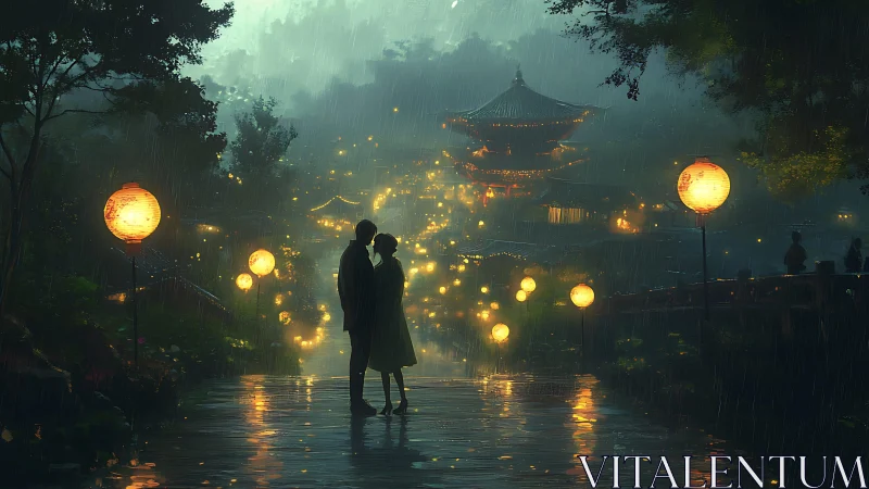 Rainy Night Embrace in Luminous Oriental Garden.
