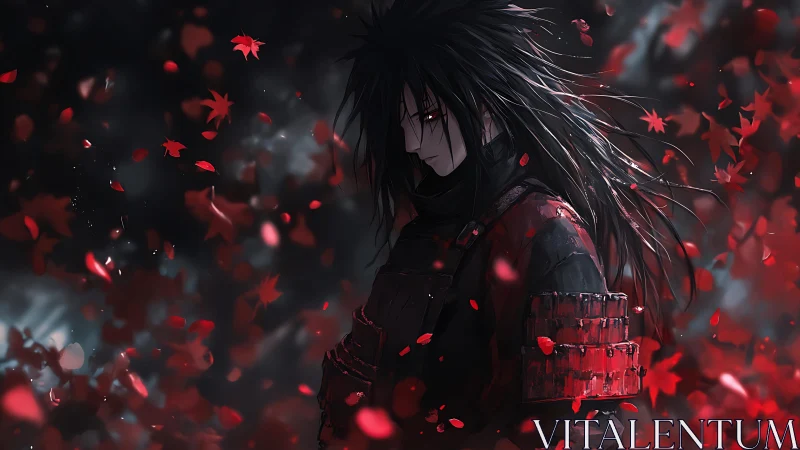 Brooding armored warrior amid turbulent red foliage vortex