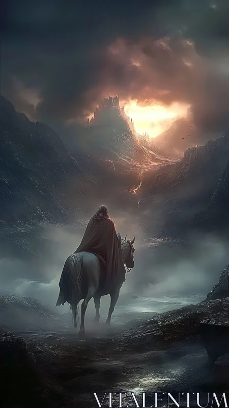 Lone cloaked rider confronts a burning citadel at dusk