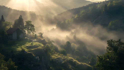 Mountain valley sunrise with mist and backlit forest slopes.
