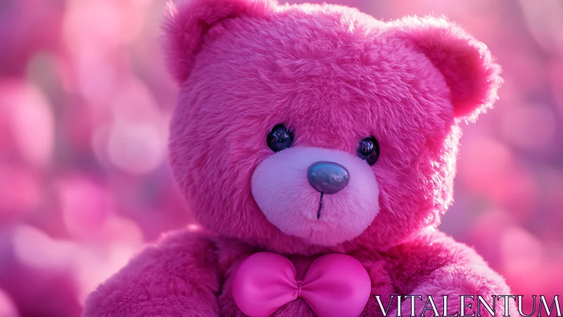 Pink plush teddy bear with bow on blurred pink backdrop.