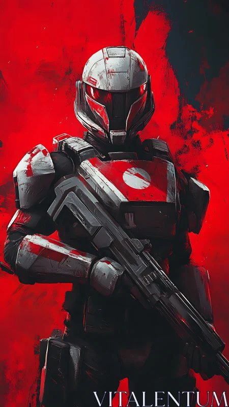 Digital painting of armored sci-fi soldier on crimson field.