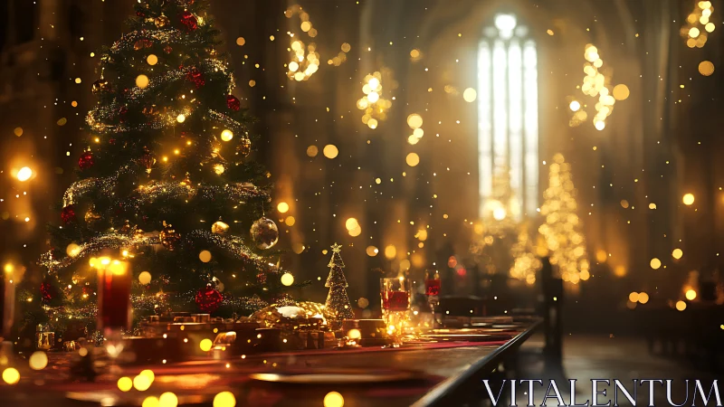 Cathedral banquet hall glowing with festive Christmas decor.