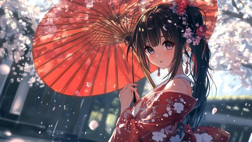 Cherry blossom gaze beneath a blazing crimson parasol.