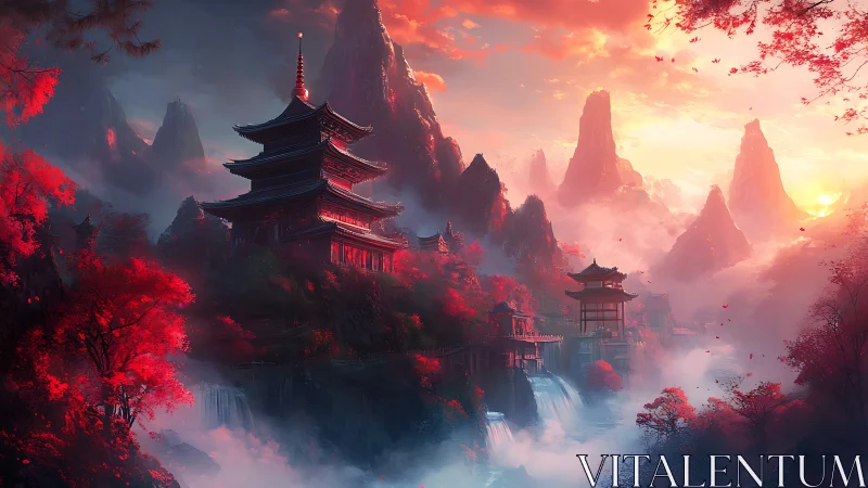 Crimson mountain temples glow softly in a dreamlike sunrise