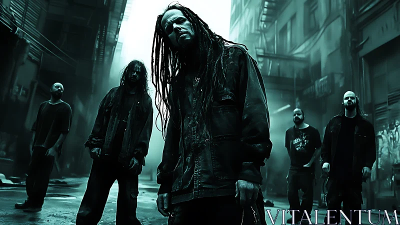 Industrial alley band portrait in teal cinematic lighting.