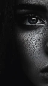Freckled eye in dramatic shadow captures quiet intensity.