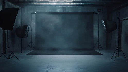 Industrial photo studio with fogged seamless backdrop and softboxes.