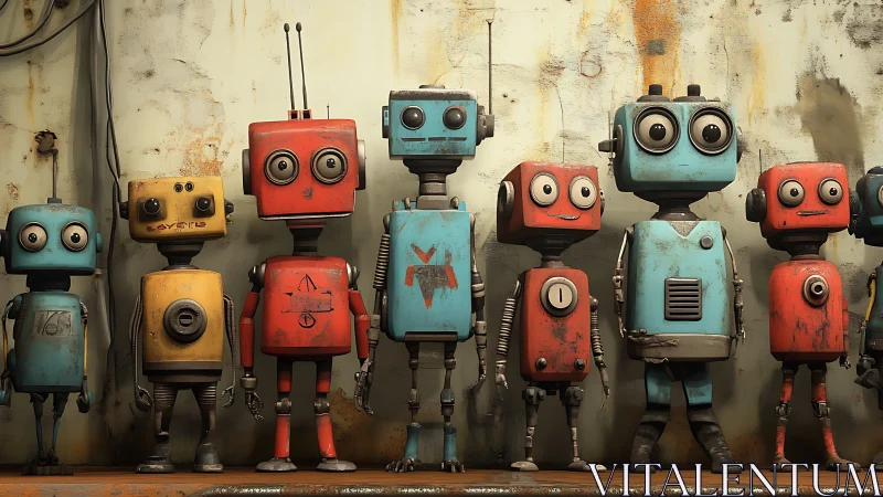 Row of colorful vintage robots against worn wall backdrop.