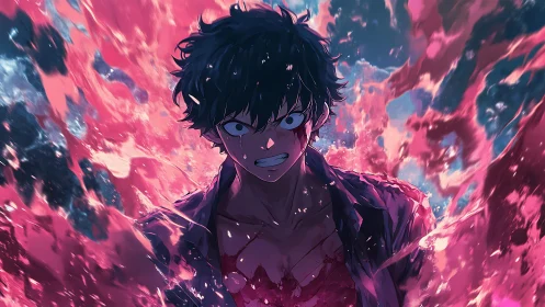 Furious anime hero amid erupting crimson energy waves.