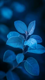 Blue backlit leaves display fine vein detail against blur