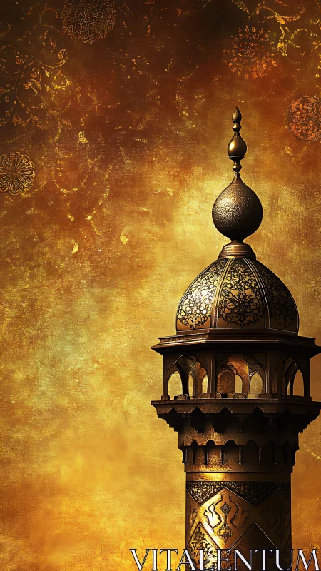 Golden mosque tower glows against ornate textured sky