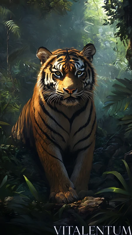 Jungle monarch tiger poised in emerald shadowlight hush.