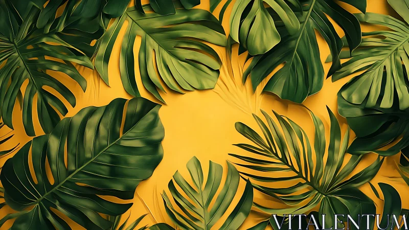 Green tropical foliage overlaps against uniform yellow background