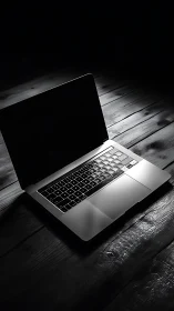 Open laptop on dark wooden desk in dramatic side light.
