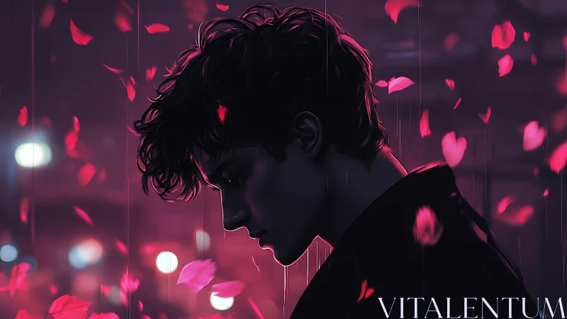Melancholic young man in profile with falling petals at night.