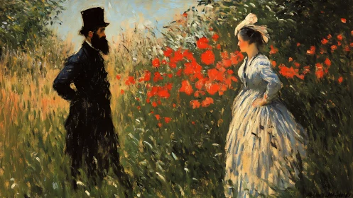 Impressionist oil study of two figures in dense sunlit meadow