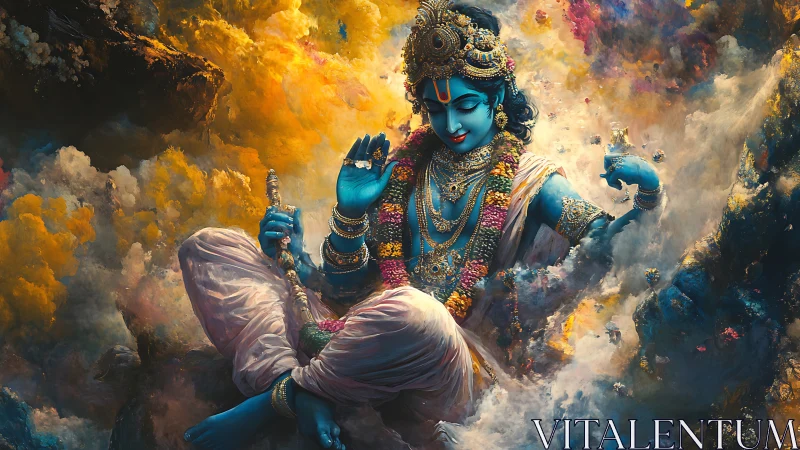 Serene blue deity drifting through swirling cosmic clouds.