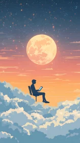 Digital painting of solitary reader above clouds at moonrise.