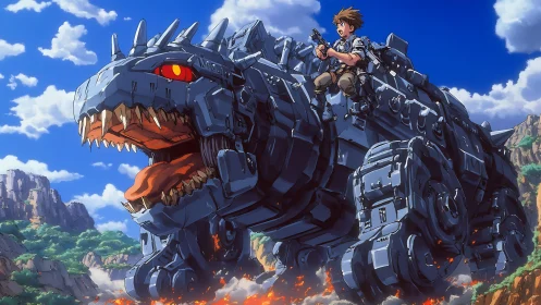 Mecha dinosaur assault tank with armed rider in rocky canyon