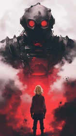 Standoff beneath the colossal red‑eyed war machine.