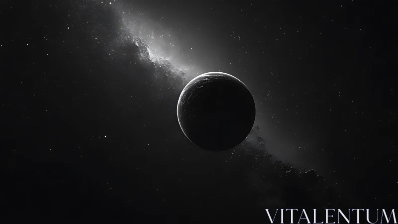 Luminous backlit exoplanet silhouette in star-dense void.