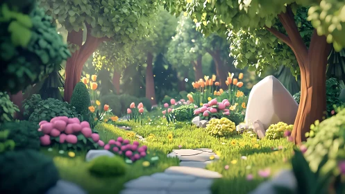 Enchanted Garden Path Through Blooming Trees.