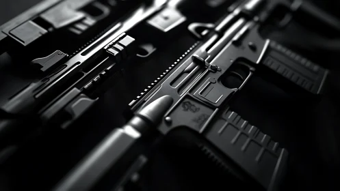 Gleaming black firearms lie arranged with stark precision