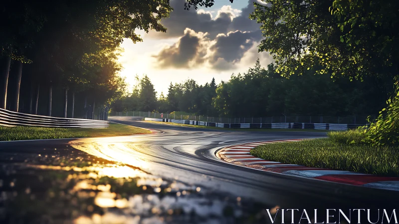 Wet racetrack corner reflects low sunset light in photorealism