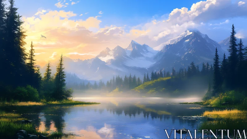 Sunlit alpine lake with conifer forest and misty peaks.