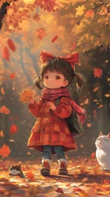 Autumn forest walk with girl in red coat, scarf and two cats