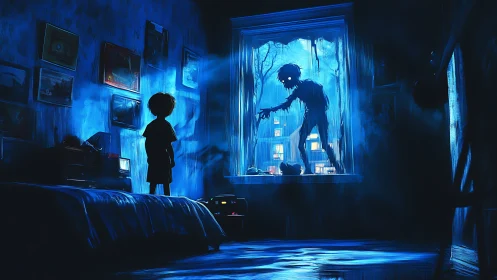 Child silhouetted in blue bedroom confronting skeletal window figure