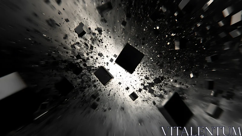 Shimmering black cubes drift through a glowing cosmic void