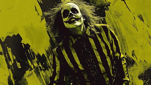 Striped suit figure with skull-like makeup on yellow background.