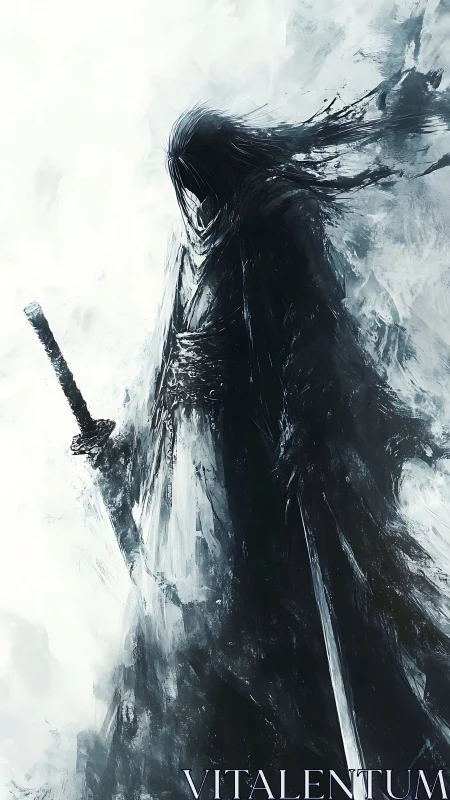 Stormborn wraith-samurai unravels from a blizzard of ink