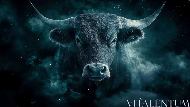 Cosmic bull emerges calmly from swirling midnight stardust