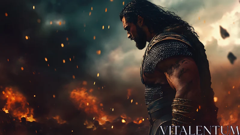 Battle-scarred warrior pauses in a storm of drifting embers.