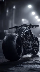 Low-angle cyberpunk street portrait of custom stealth motorcycle
