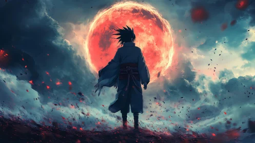 Solitary anime warrior before vast red eclipse sky.