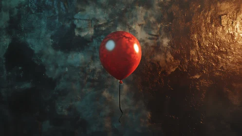 Lonely red balloon glowing softly against a moody wall.