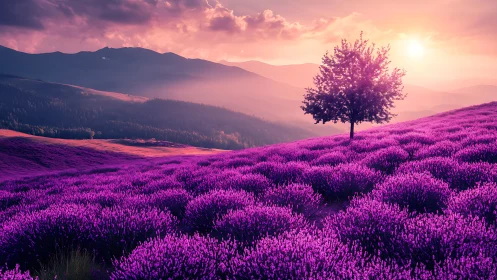 Sunlit lavender hillside welcomes a lone, peaceful tree