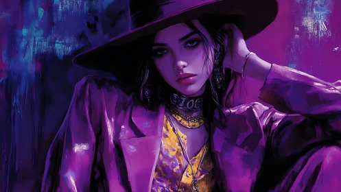 Moody purple portrait of woman in hat with neon aura.