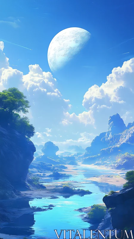 Luminous twin-world sky above crystalline river canyon.