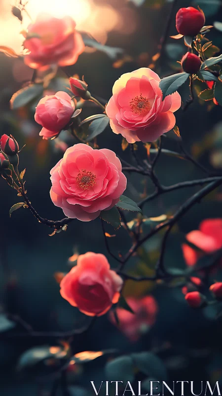 Luminous Roses Dance in Golden Hour Twilight.