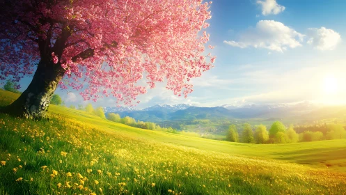 Spring hillside with flowering tree and distant mountain range.