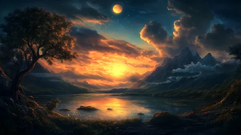 Mythic mountain lake under blazing lunar sunset glow.